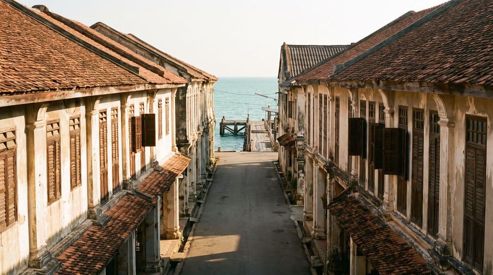 Quiet Sino-Thai shophouse street in Koh Samui old town at golden hour, leading to a wooden ferry pier over a calm sea