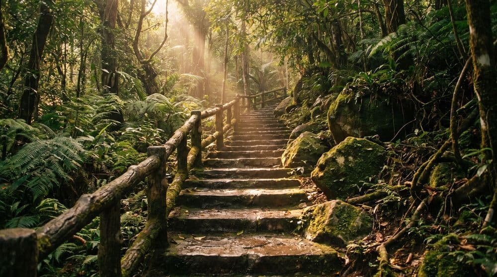 Moss-covered stone steps climbing through dense tropical jungle in warm late-afternoon light
