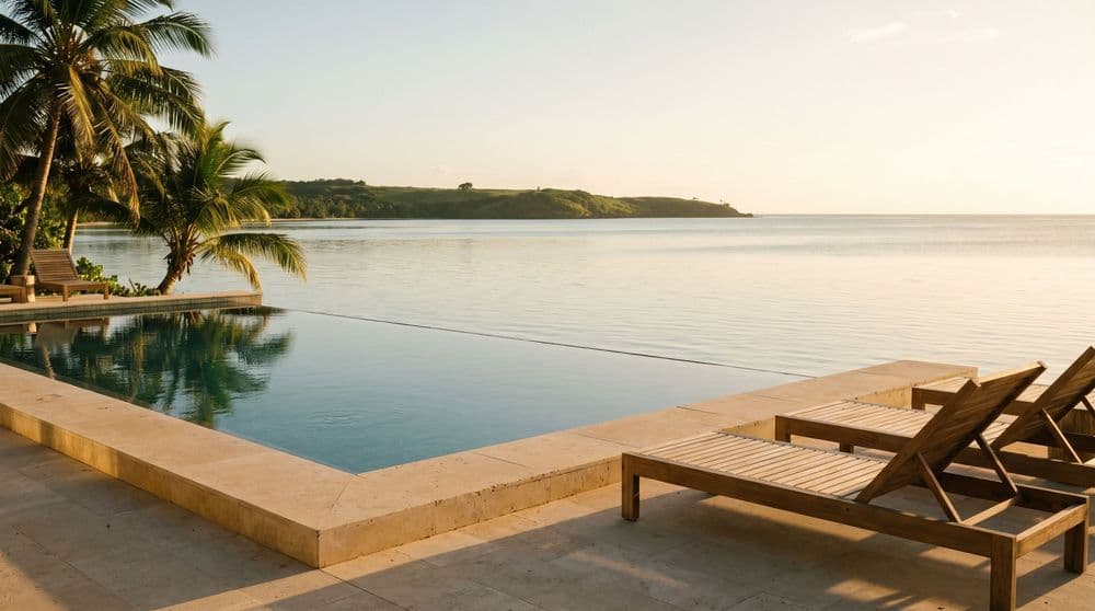 Golden-hour infinity pool on a quiet terrace looking out over a calm tropical bay to a low green headland, Koh Samui