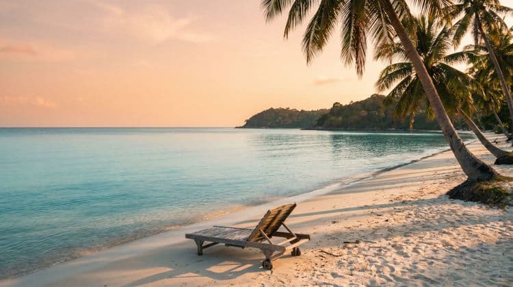Secluded tropical bay at golden hour with calm turquoise water, pale sand, and coconut palms