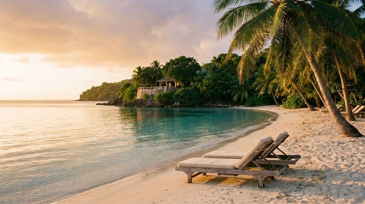 A quiet upscale Koh Samui bay at golden hour, empty wooden sun loungers on pale sand, a luxury villa half-hidden in greenery on the headland