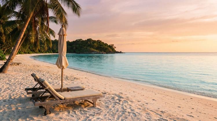 A calm shallow Koh Samui bay at golden hour with two empty wooden sun loungers and a folded umbrella on soft pale sand, gentle turquoise shallows, palms and a distant green headland