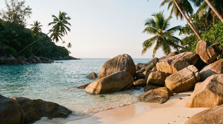 A small rocky cove at golden hour with granite boulders, pale sand, clear turquoise shallows and leaning coconut palms