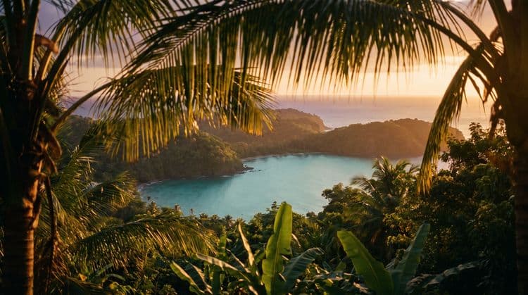 Warm golden-hour view of a calm turquoise bay and green headland on Koh Samui's north coast, seen through palm fronds from a hillside lookout