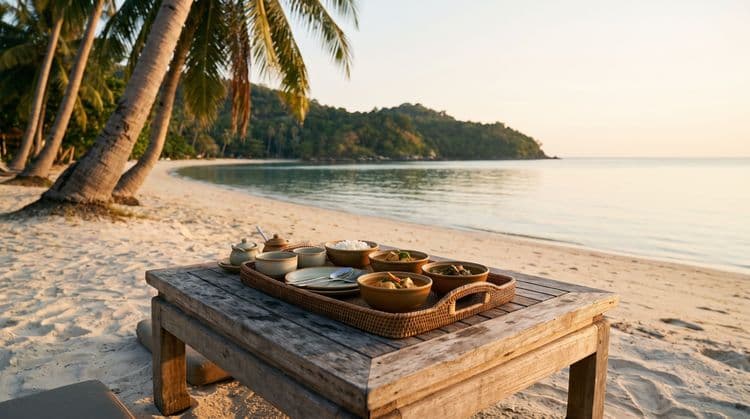A rustic wooden table with a tray of Thai curries and rice set on a quiet golden-hour Koh Samui beach, palms and a green headland behind