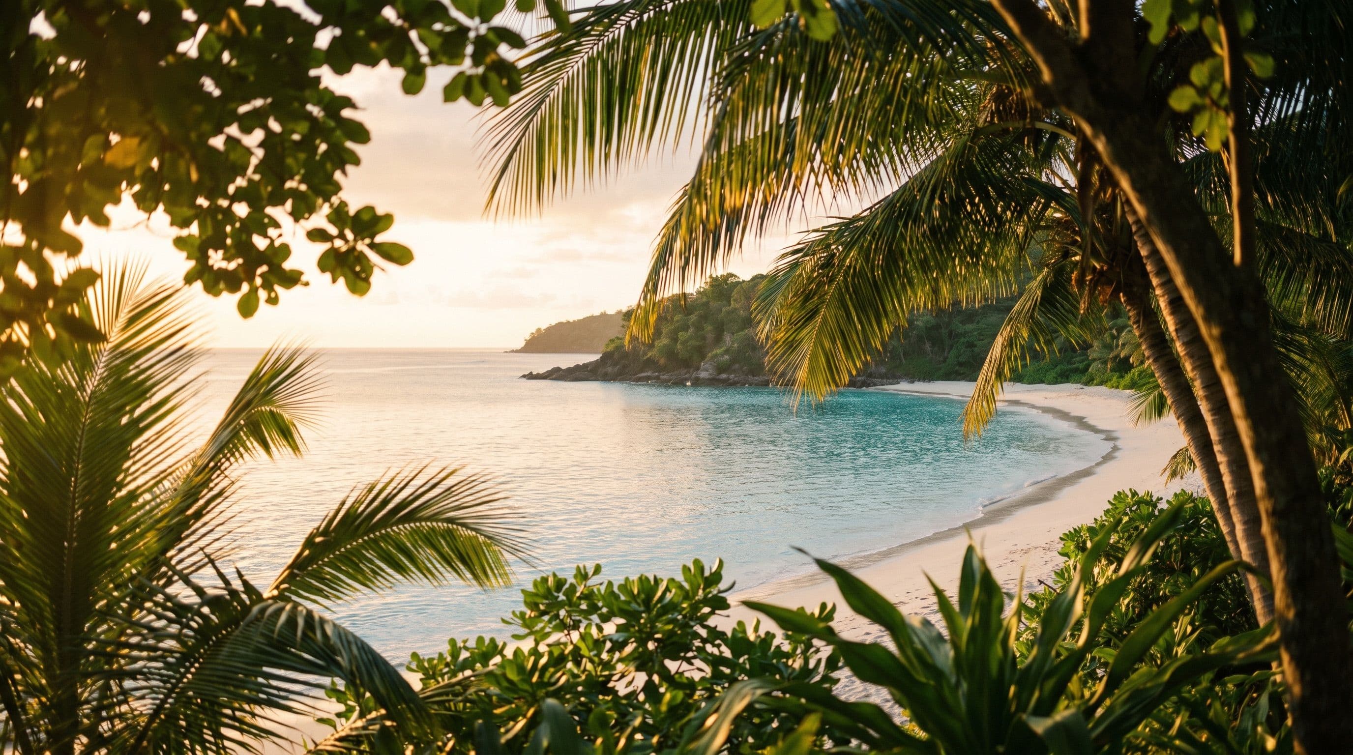 calm golden-hour bay framed through palm fronds, Koh Samui